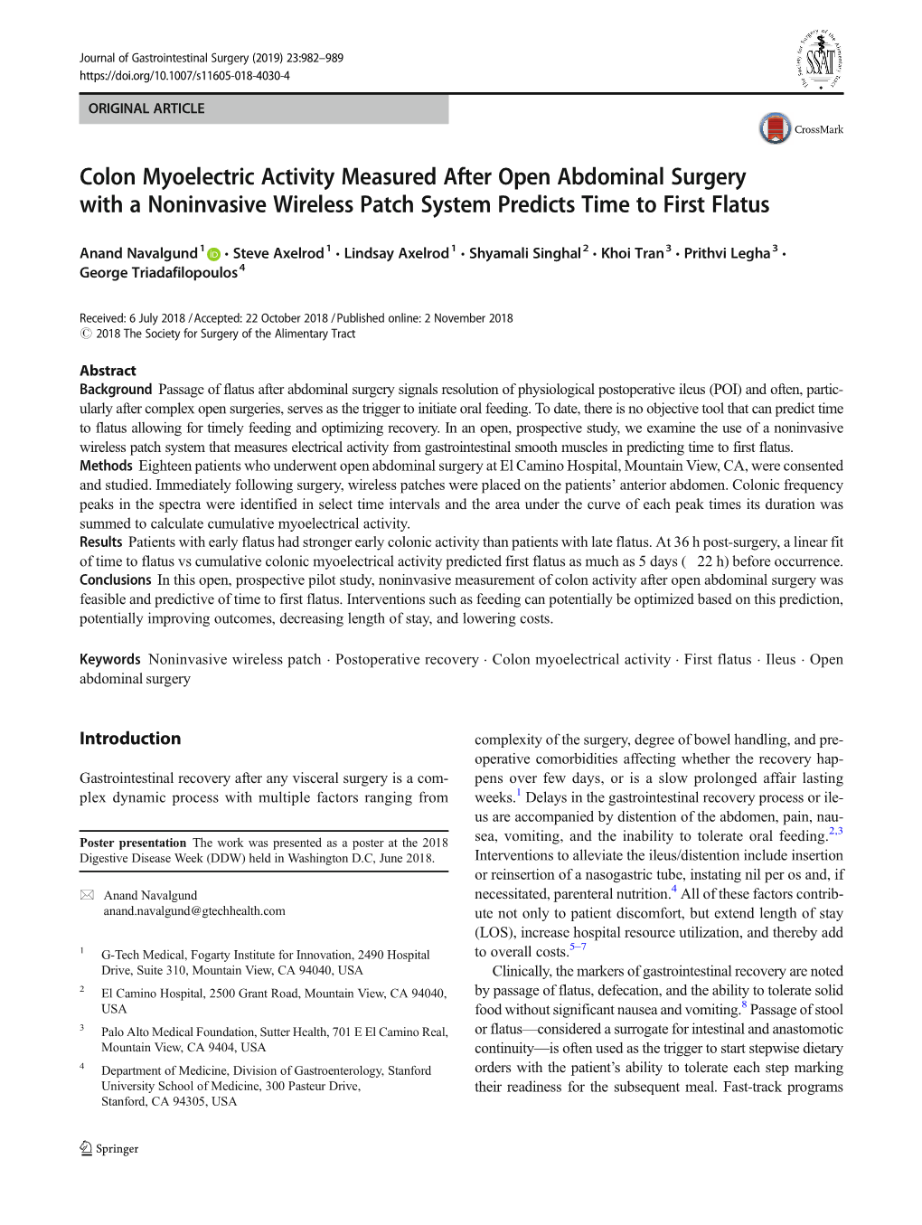 Colon Myoelectric Activity Measured After Open Abdominal Surgery with a Noninvasive Wireless Patch System Predicts Time to First Flatus