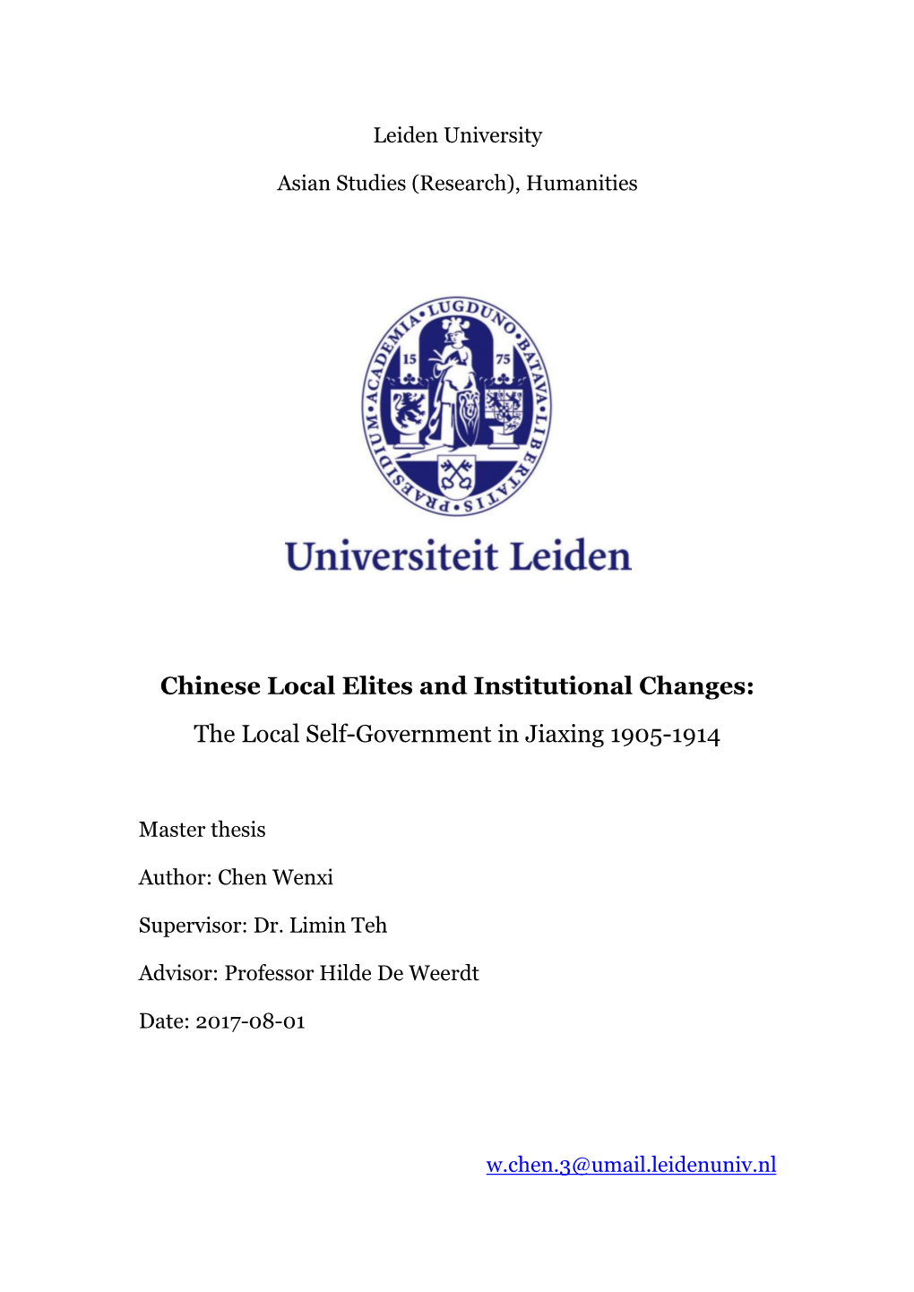 Chinese Local Elites and Institutional Changes: the Local Self-Government in Jiaxing 1905-1914