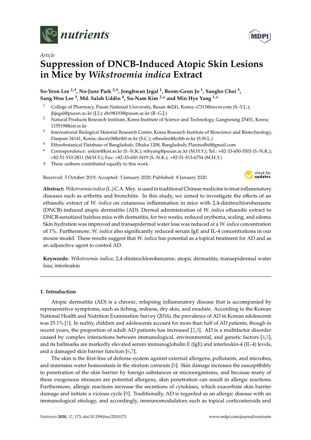 Suppression of DNCB-Induced Atopic Skin Lesions in Mice by Wikstroemia Indica Extract