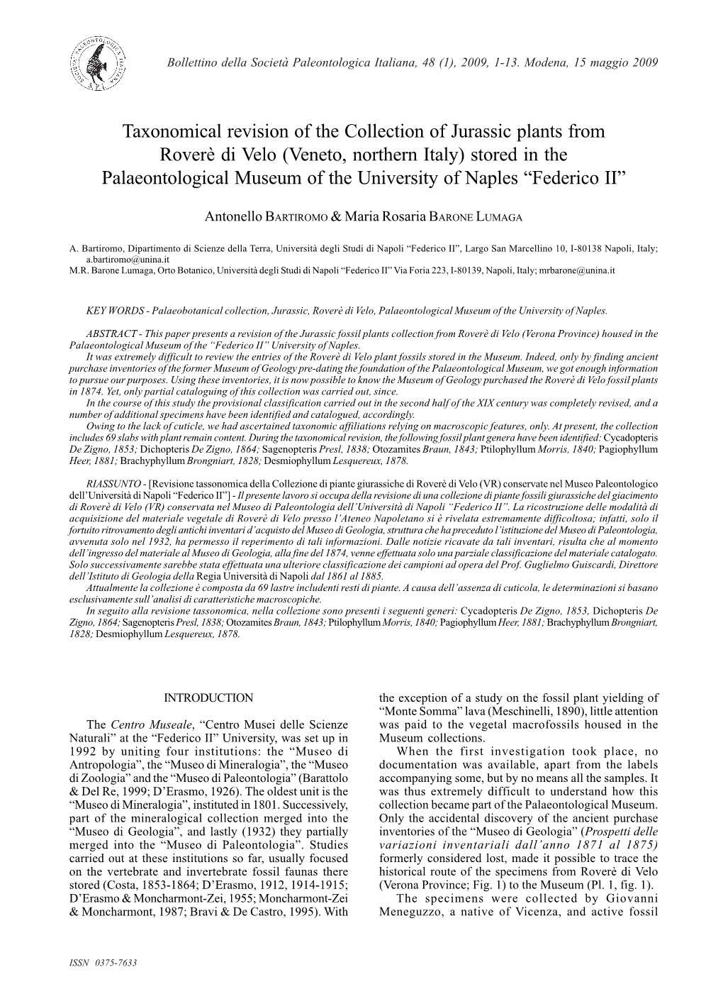 Taxonomical Revision of the Collection of Jurassic Plants from Roverè Di