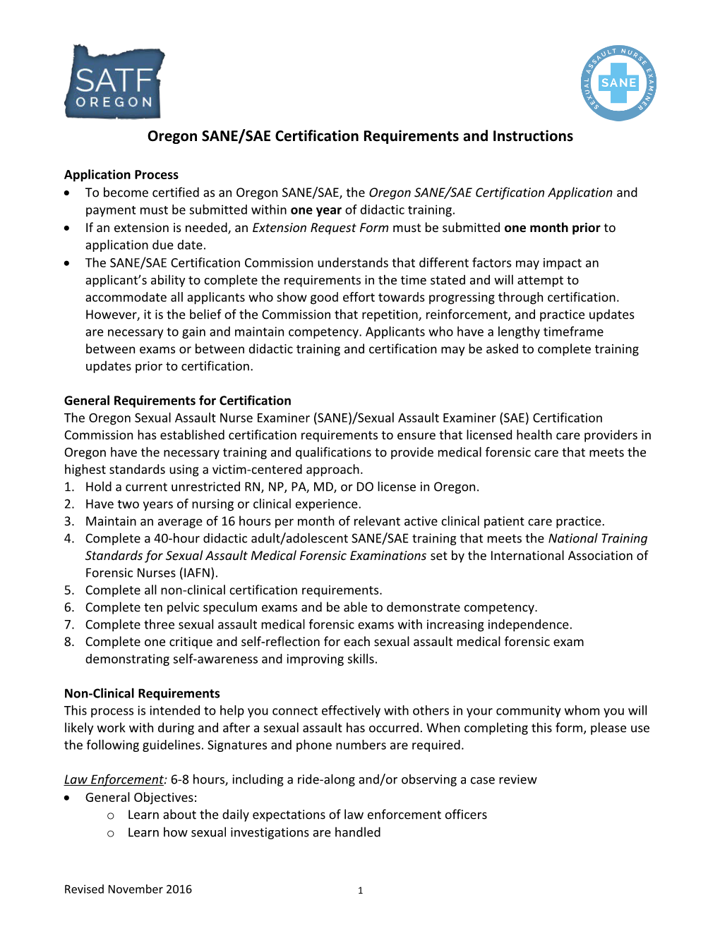 Oregon SANE/SAE Certification Requirements and Instructions