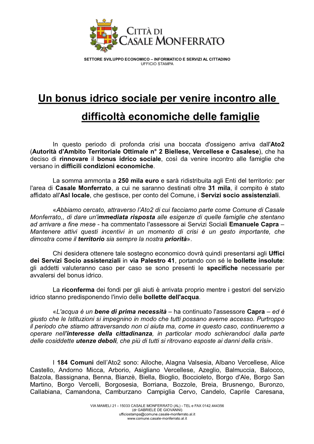 Un Bonus Idrico Sociale Per Venire Incontro Alle Difficoltà Economiche Delle Famiglie