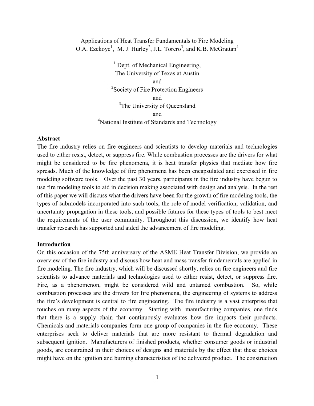 1 Applications of Heat Transfer Fundamentals to Fire Modeling O.A