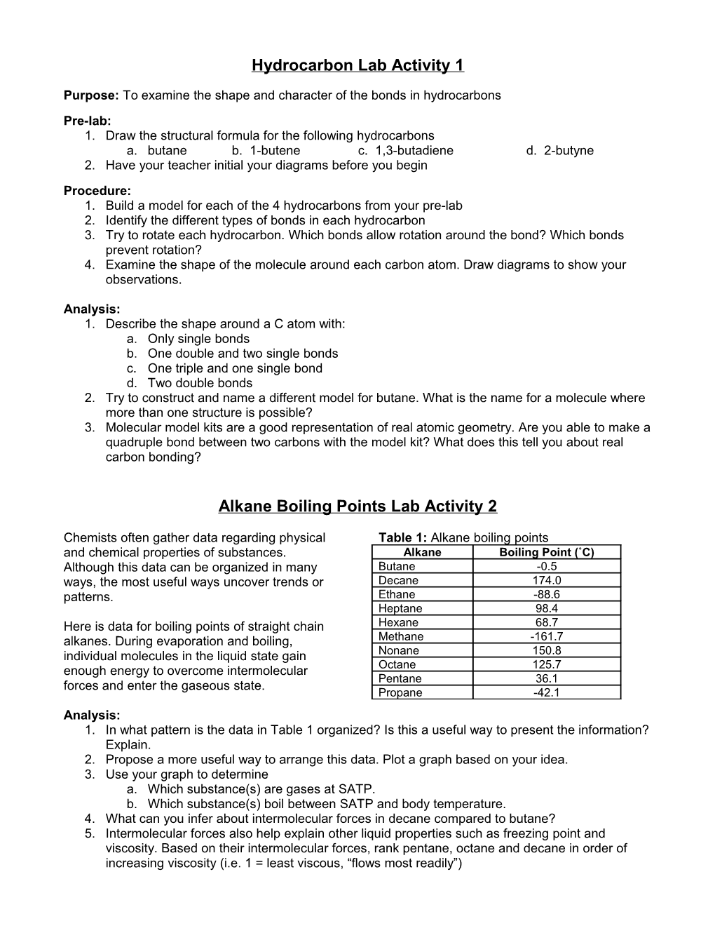 Hydrocarbon Lab Activity 1