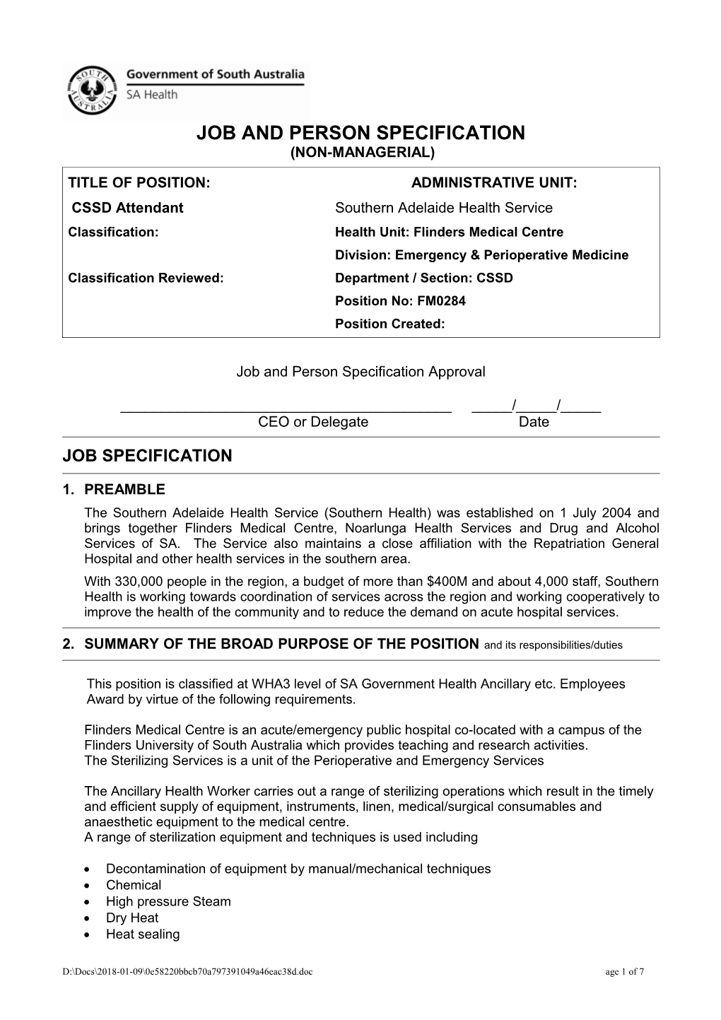 Job and Person Specification (Non-Managerial)