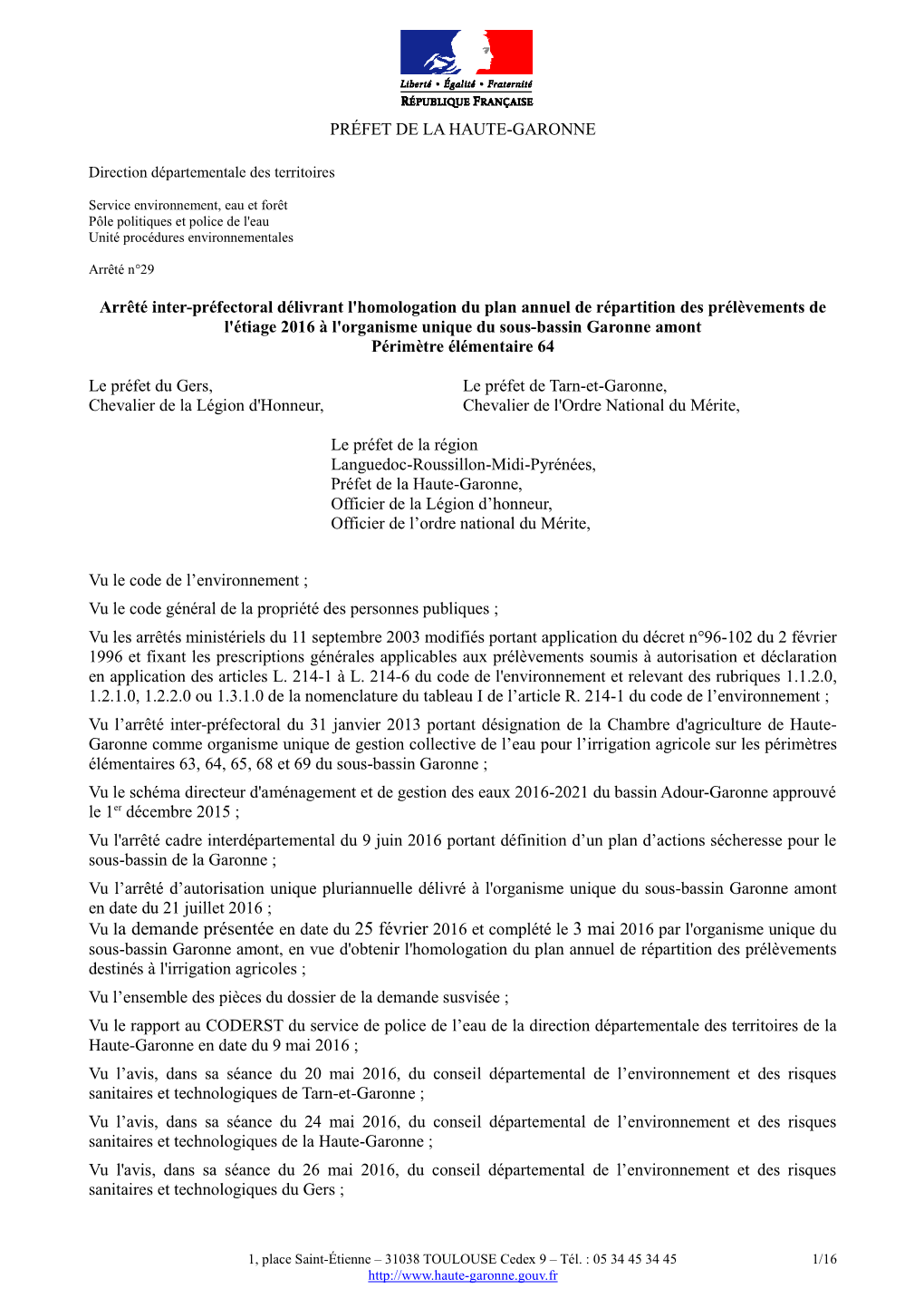 PRÉFET DE LA HAUTE-GARONNE Arrêté Inter-Préfectoral Délivrant L