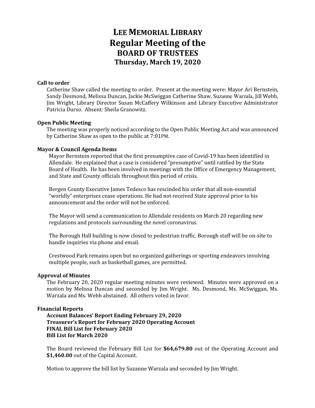 Regular Meeting of the BOARD of TRUSTEES Thursday, March 19, 2020
