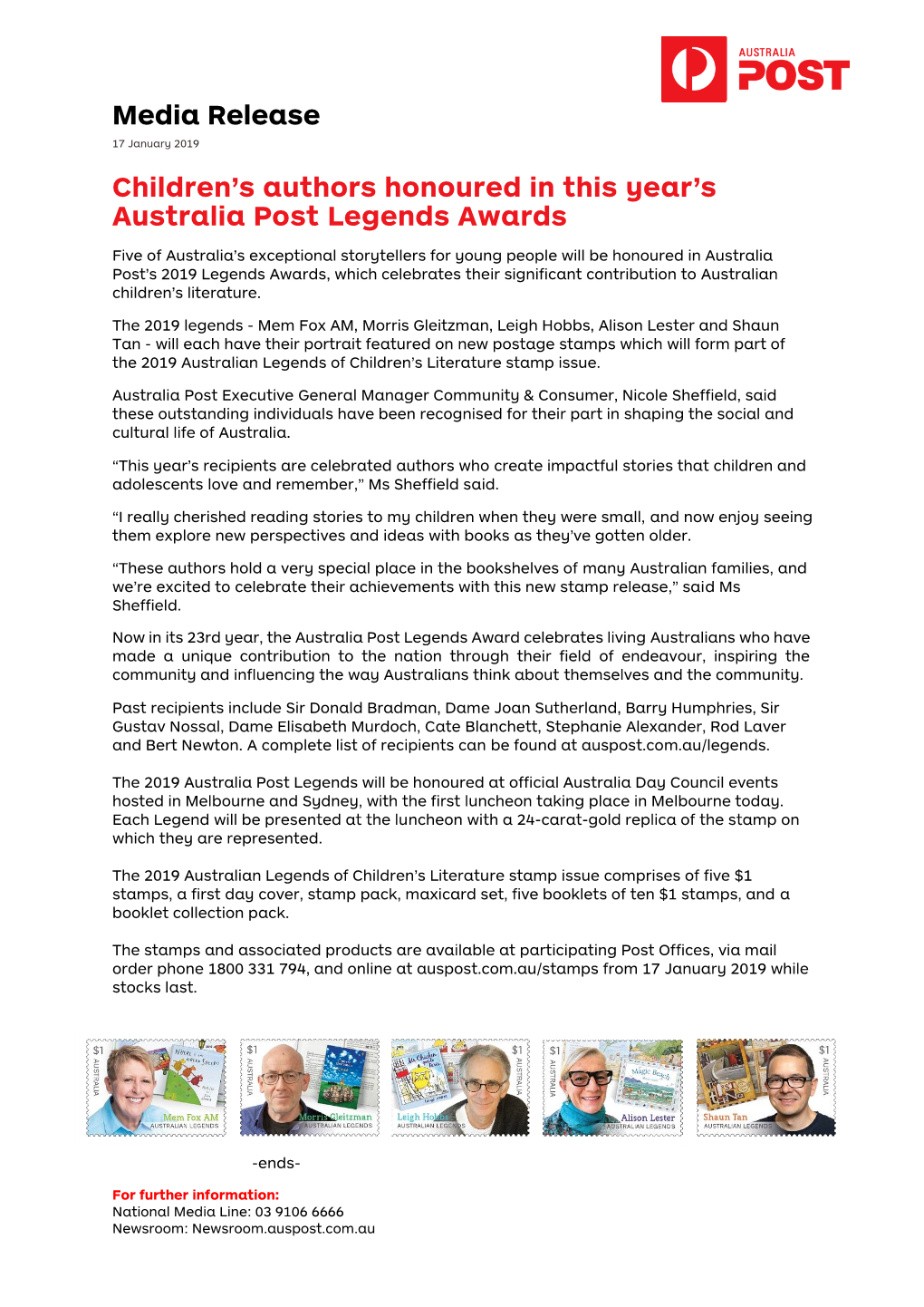 Australia Post Legends Media Release
