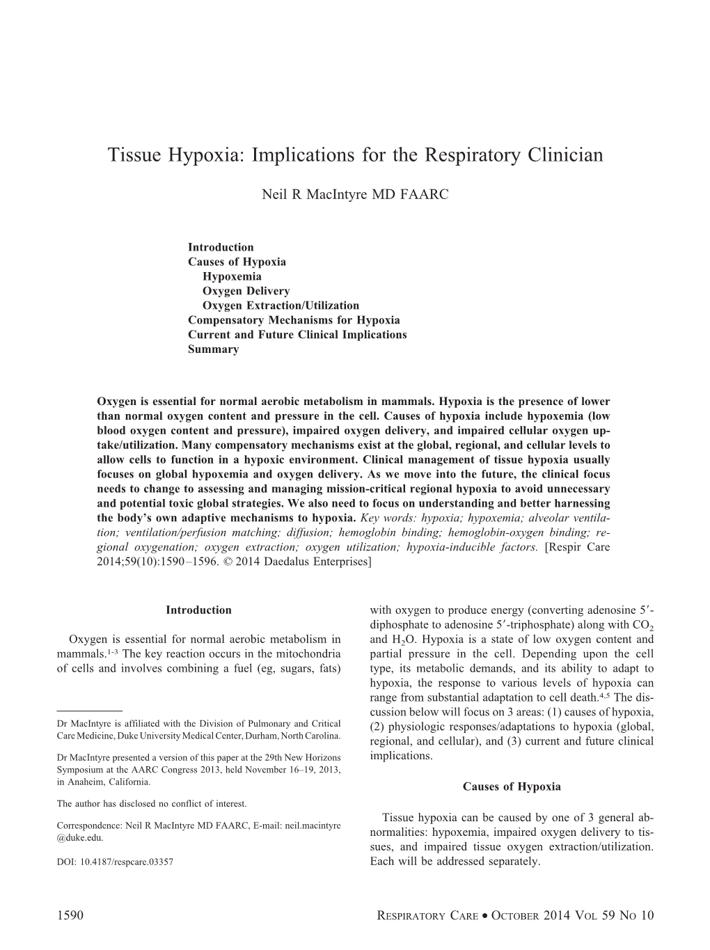 Tissue Hypoxia: Implications for the Respiratory Clinician