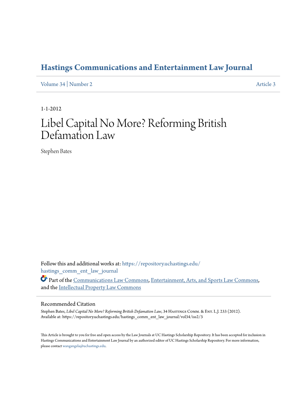 Reforming British Defamation Law Stephen Bates