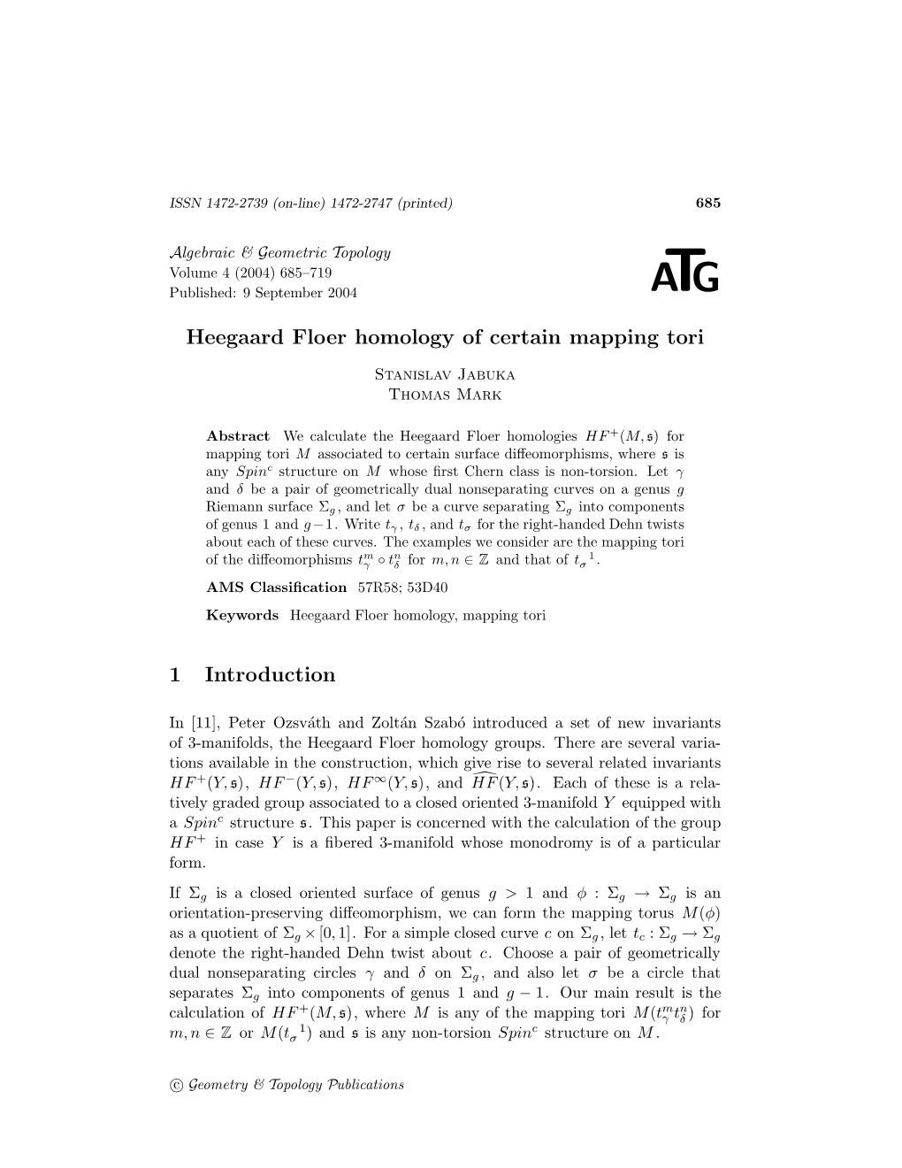 Heegaard Floer Homology of Certain Mapping Tori 1 Introduction