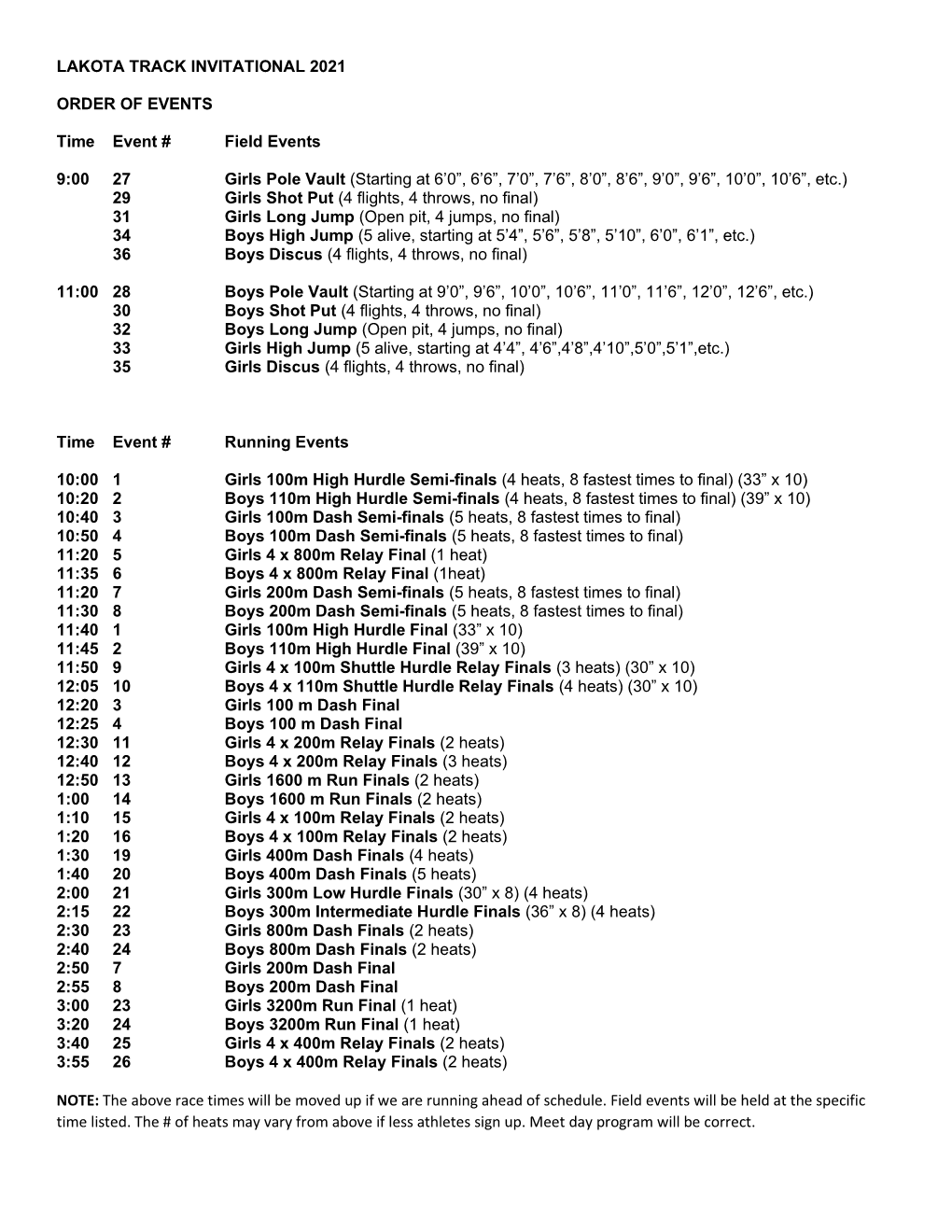 LAKOTA TRACK INVITATIONAL 2021 ORDER of EVENTS Time Event