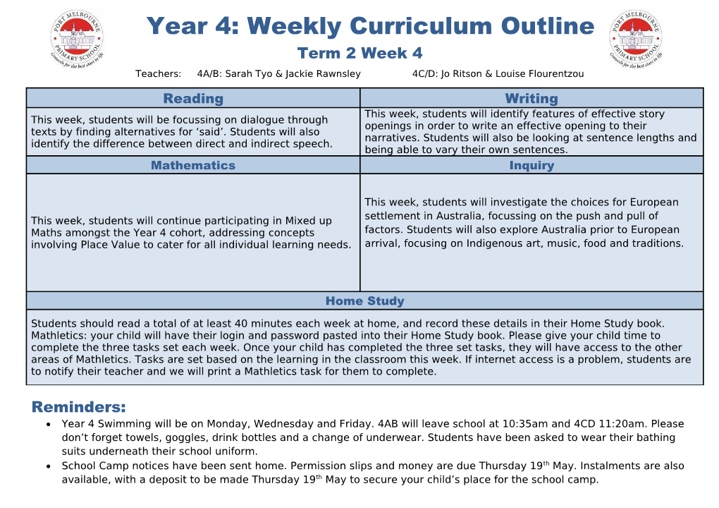 Year 4: Weekly Curriculum Outline