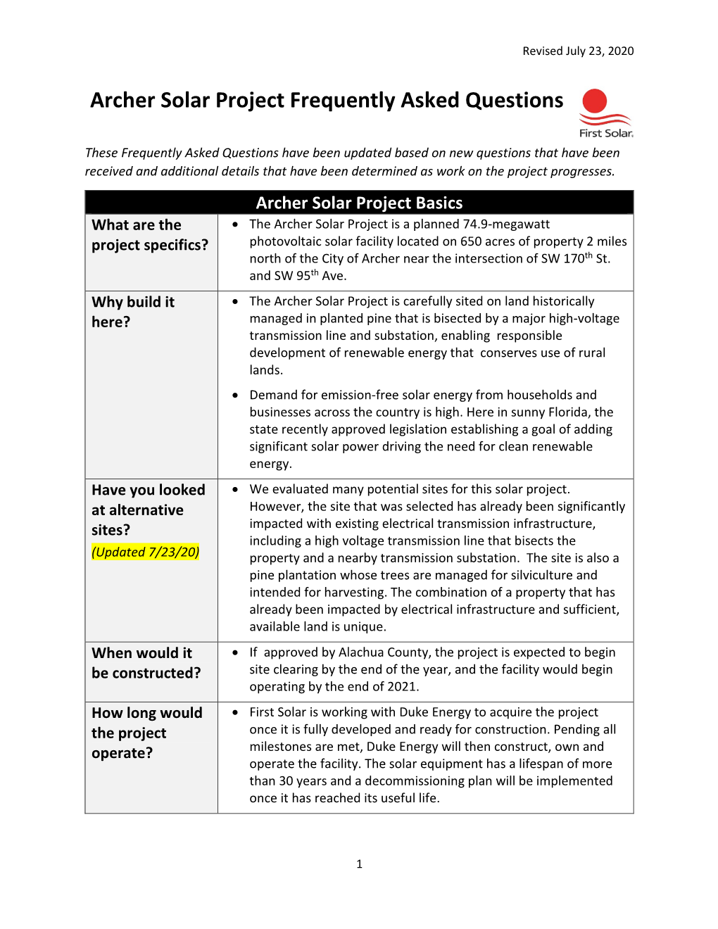 Archer Solar Project Frequently Asked Questions