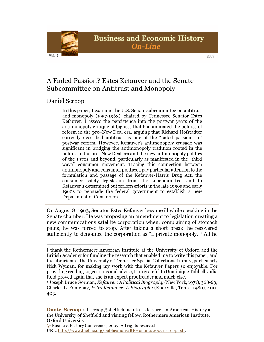 Estes Kefauver and the Senate Subcommittee on Antitrust and Monopoly Daniel Scroop in This Paper, I Examine the U.S