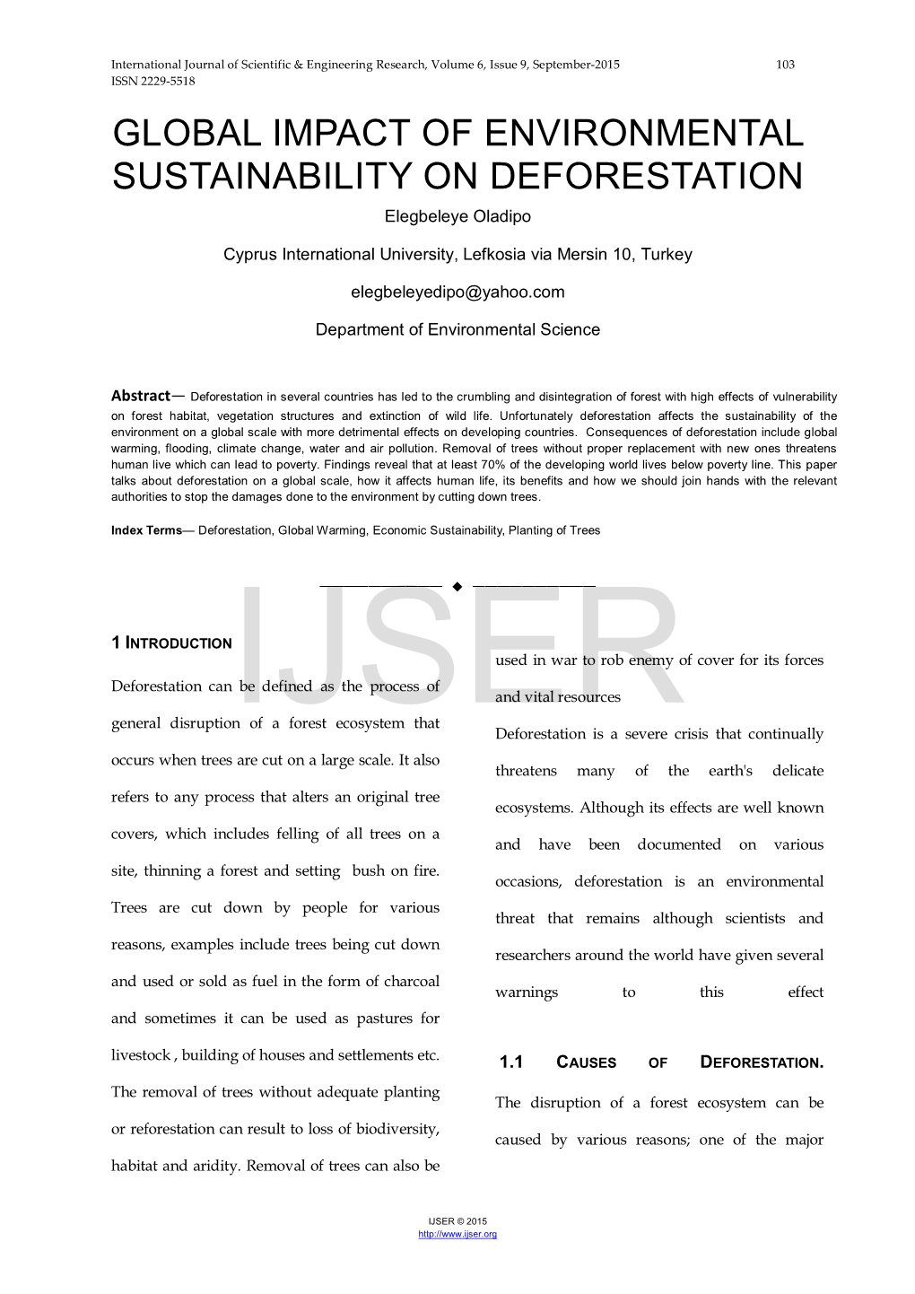 GLOBAL IMPACT of ENVIRONMENTAL SUSTAINABILITY on DEFORESTATION Elegbeleye Oladipo