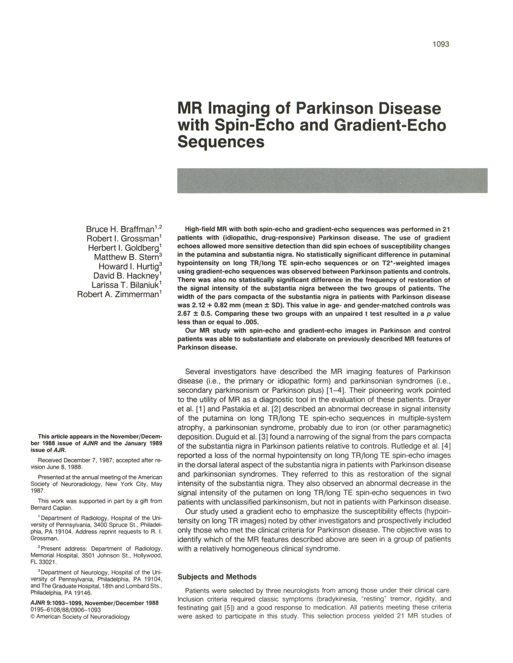 MR Imaging of Parkinson Disease with Spin-Echo and Gradient-Echo Sequences