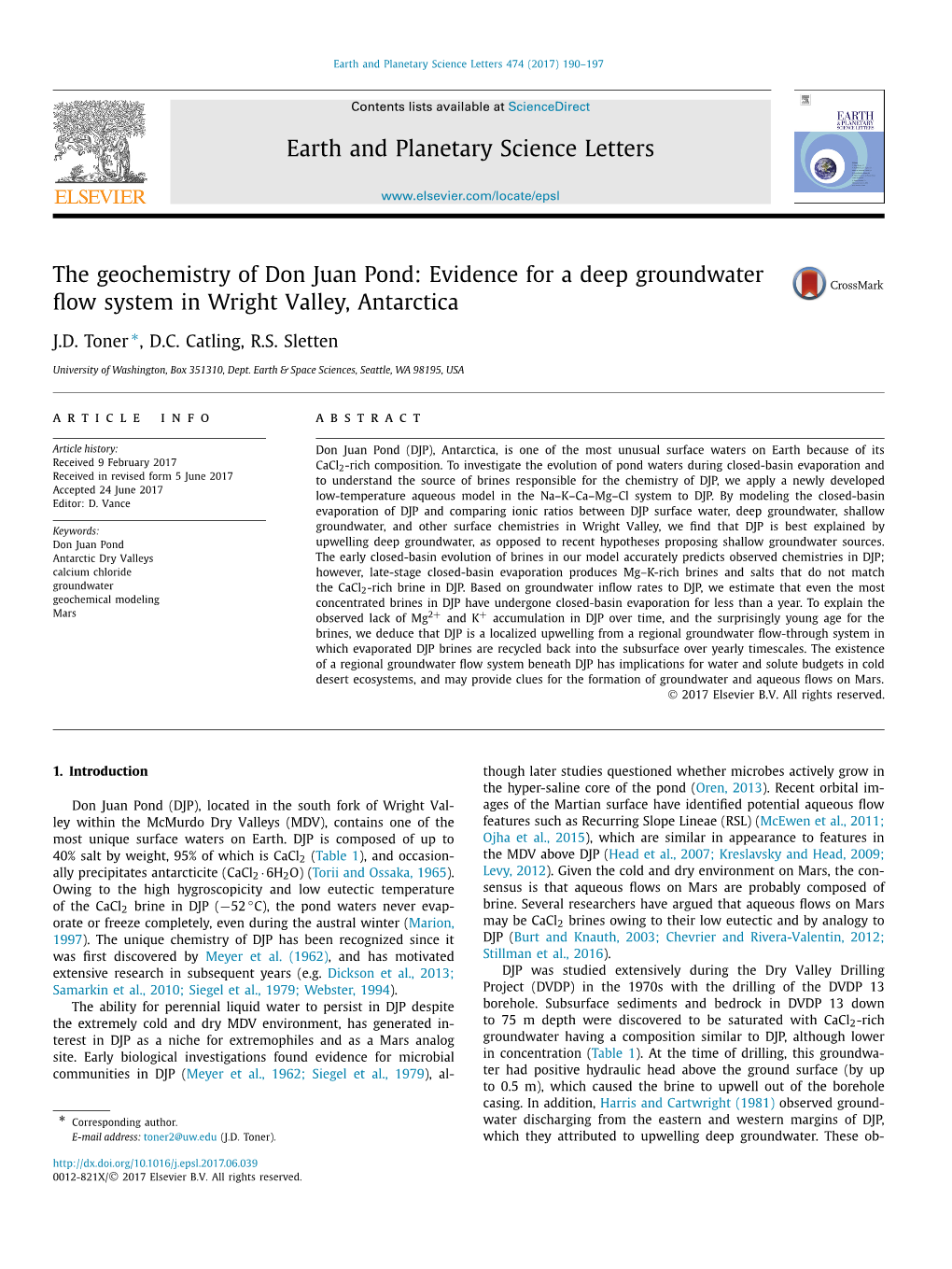 The Geochemistry of Don Juan Pond: Evidence for a Deep Groundwater ﬂow System in Wright Valley, Antarctica ∗ J.D