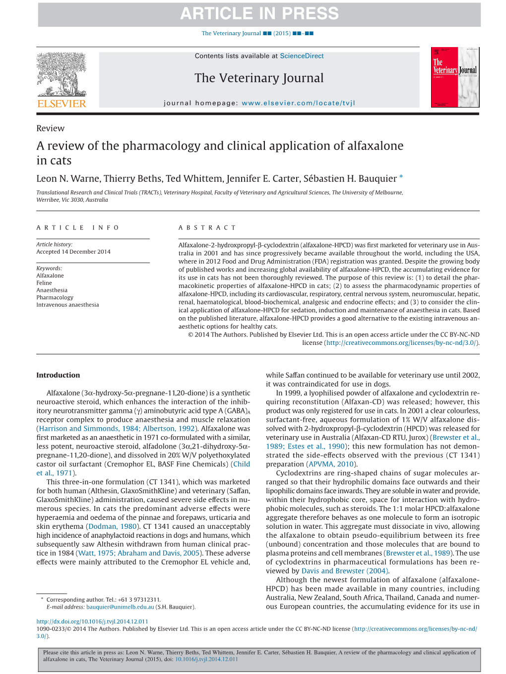 A Review of the Pharmacology and Clinical Application of Alfaxalone in Cats Leon N