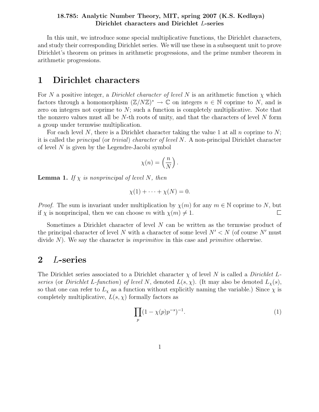 1 Dirichlet Characters 2 L-Series