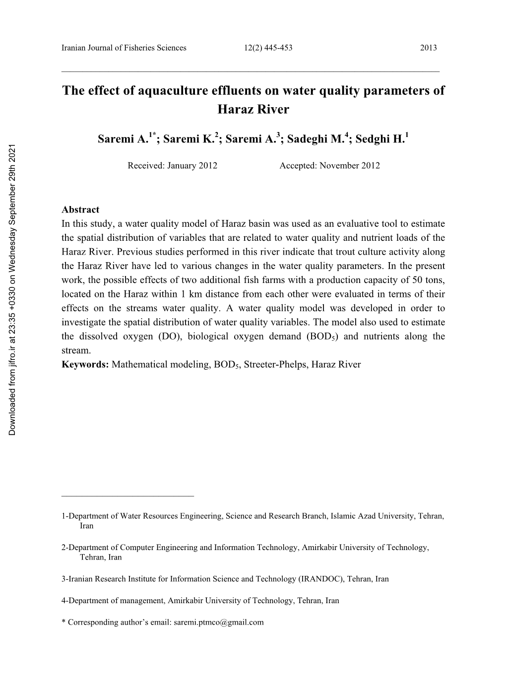 The Effect of Aquaculture Effluents on Water Quality Parameters of Haraz River