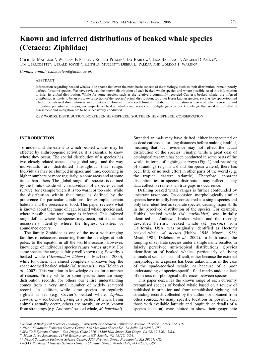 Known and Inferred Distributions of Beaked Whale Species (Cetacea: Ziphiidae)