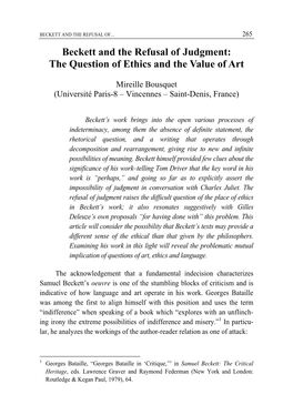 Beckett and the Refusal Of... Judgment: the Question of Ethics and the Value of Art