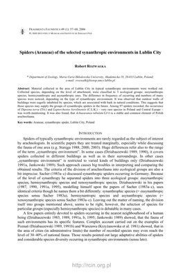 Spiders (Araneae) of the Selected Synanthropic Environments in Lublin City