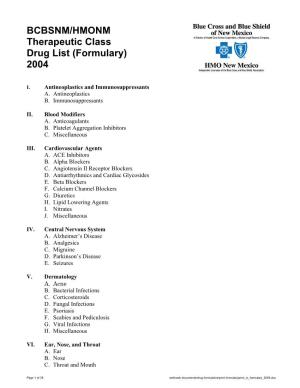 BCBSNM/HMONM Therapeutic Class Drug List (Formulary) 2004
