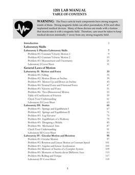 1201 Lab Manual Table of Contents