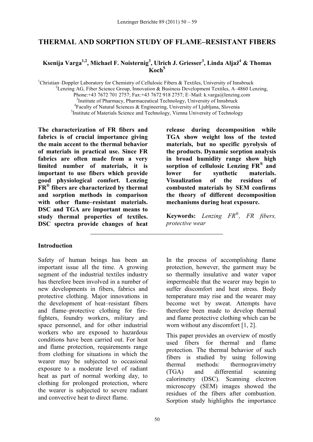 Thermal and Sorption Study of Flame–Resistant Fibers