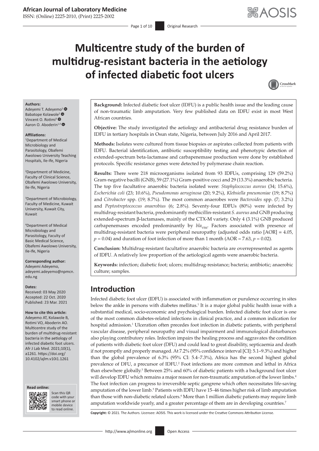 Multicentre Study of the Burden of Multidrug-Resistant Bacteria in the Aetiology of Infected Diabetic Foot Ulcers