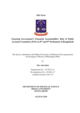 Role of Public Accounts Committee (PAC) in 8Th and 9Th Parliament of Bangladesh