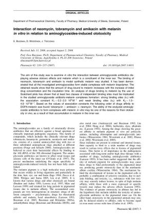 Interaction of Neomycin, Tobramycin and Amikacin with Melanin in Vitro in Relation to Aminoglycosides-Induced Ototoxicity