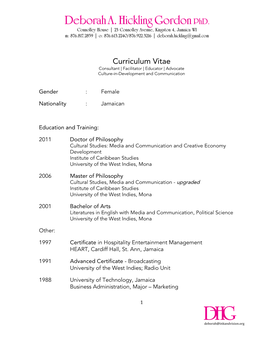 Curriculum Vitae Consultant | Facilitator | Educator | Advocate Culture-In-Development and Communication