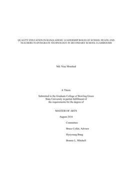 Quality Education in Bangladesh: Leadership Roles of School Heads and Teachers to Integrate Technology in Secondary School Classrooms