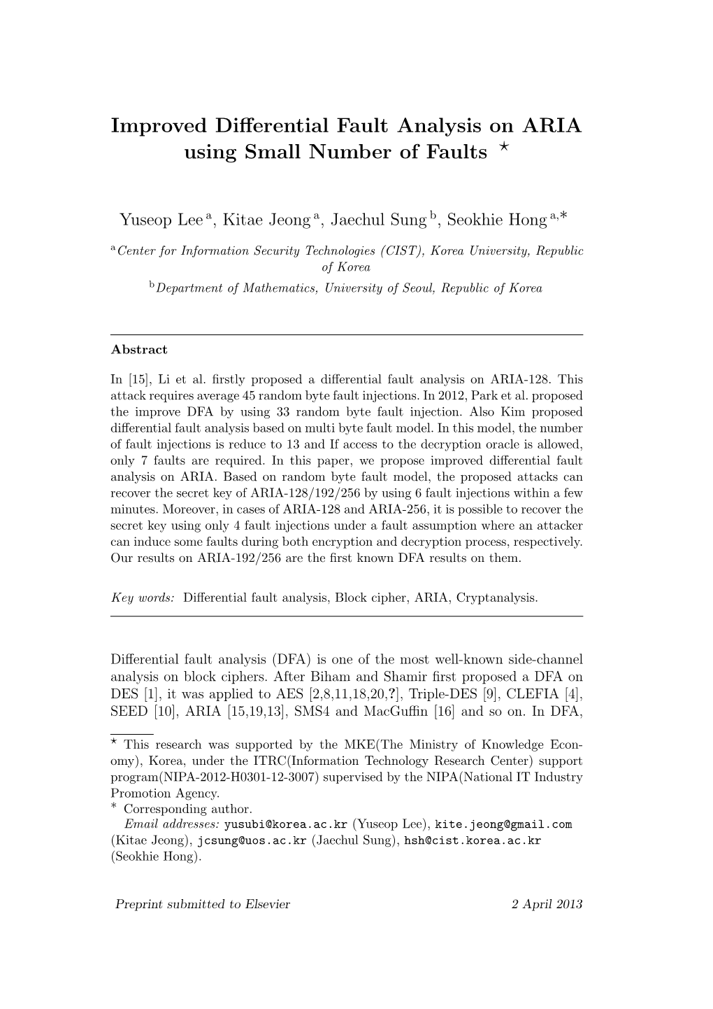 Improved Differential Fault Analysis on ARIA Using Small Number of Faults