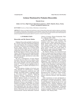 Lichens Mentioned by Pedanios Dioscorides