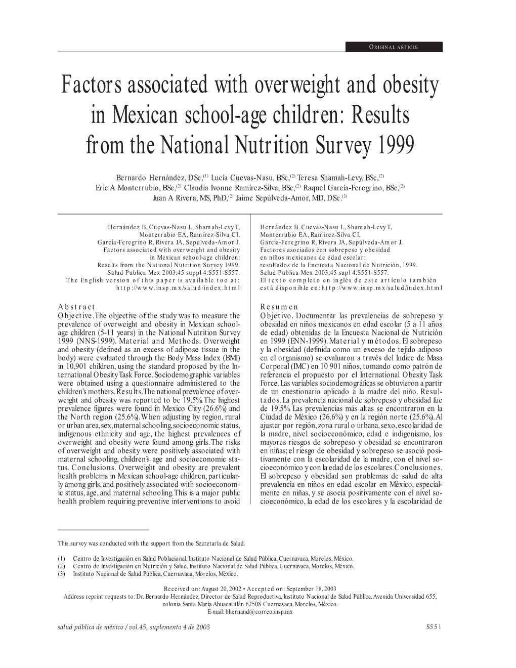 Factors Associated with Overweight and Obesity in Mexican School-Age Children: Results from the National Nutrition Survey 1999