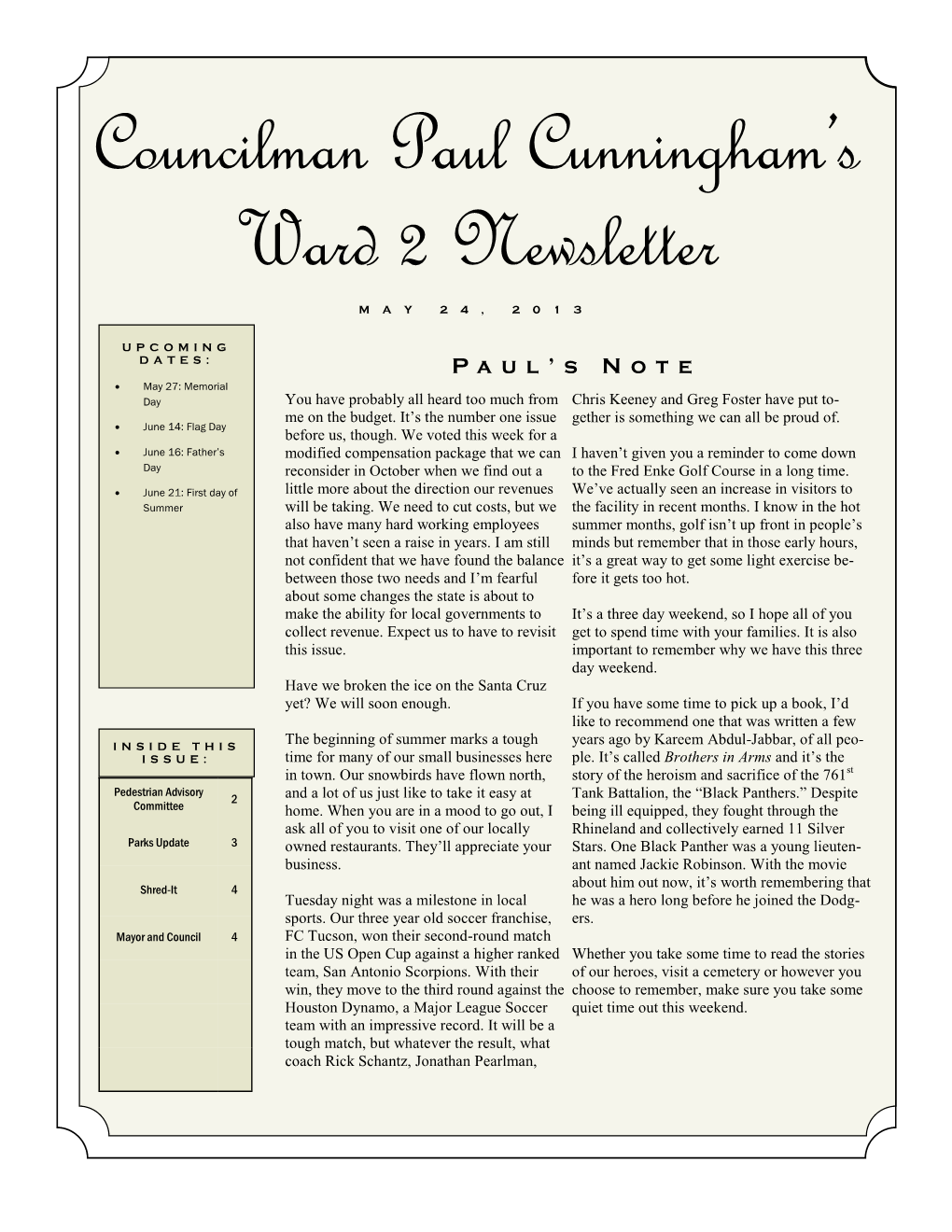 Councilman Paul Cunningham's Ward 2 Newsletter