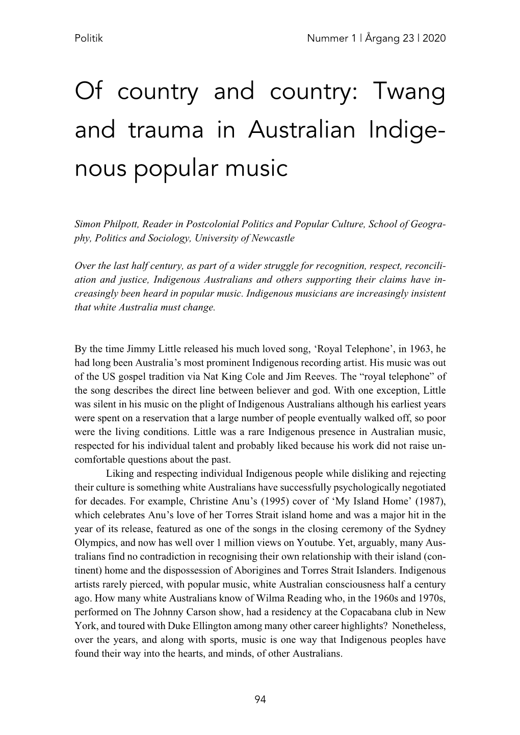 Twang and Trauma in Australian Indige- Nous Popular Music