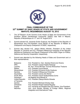 Final Communiqué of the 32Nd Summit of Sadc Heads of State and Government Maputo, Mozambique August 18, 2012 1