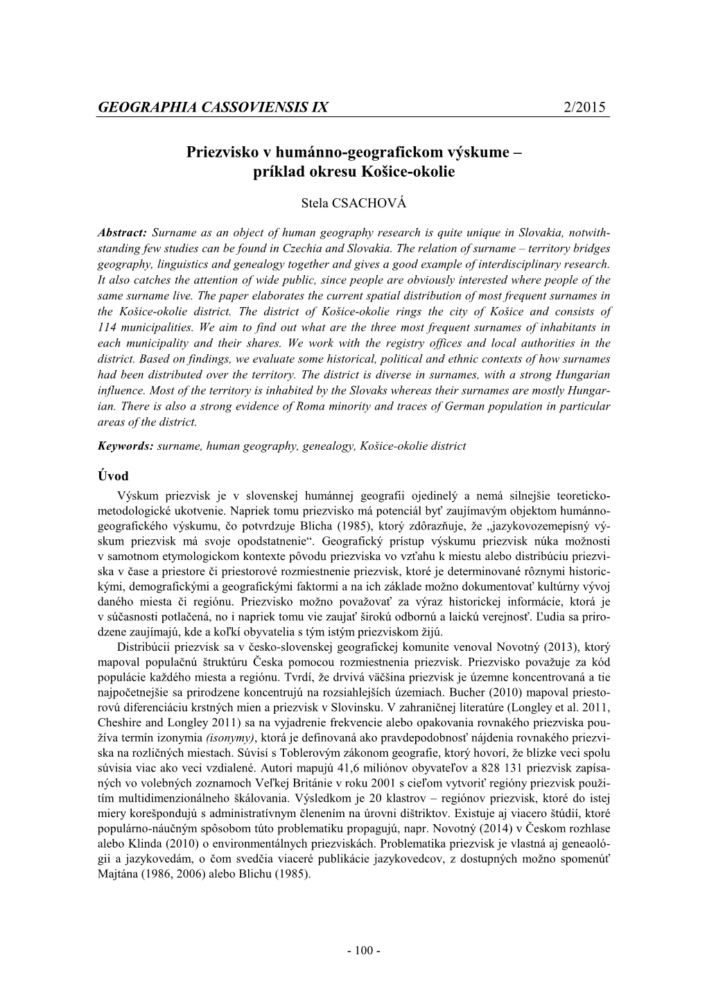 Priezvisko V Humánno-Geografickom Výskume – Príklad Okresu Košice-Okolie