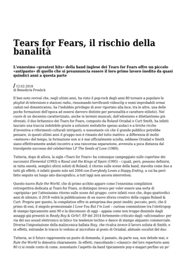 Settimanale Di Migros Ticino Tears for Fears, Il Rischio Della Banalità