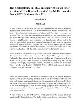 The Most Profound Spiritual Autobiography of All Time? - a Review of "The Knee of Listening" by Adi Da (Franklin Jones) (1995) (Review Revised 2019)