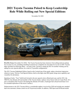 2021 Toyota Tacoma Poised to Keep Leadership Role While Rolling out New Special Editions