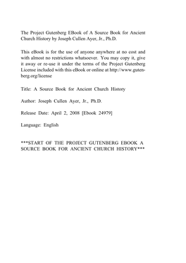 A Source Book for Ancient Church History by Joseph Cullen Ayer, Jr., Ph.D