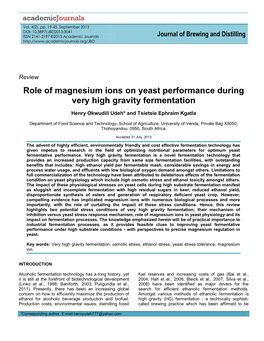 Role of Magnesium Ions on Yeast Performance During Very High Gravity Fermentation