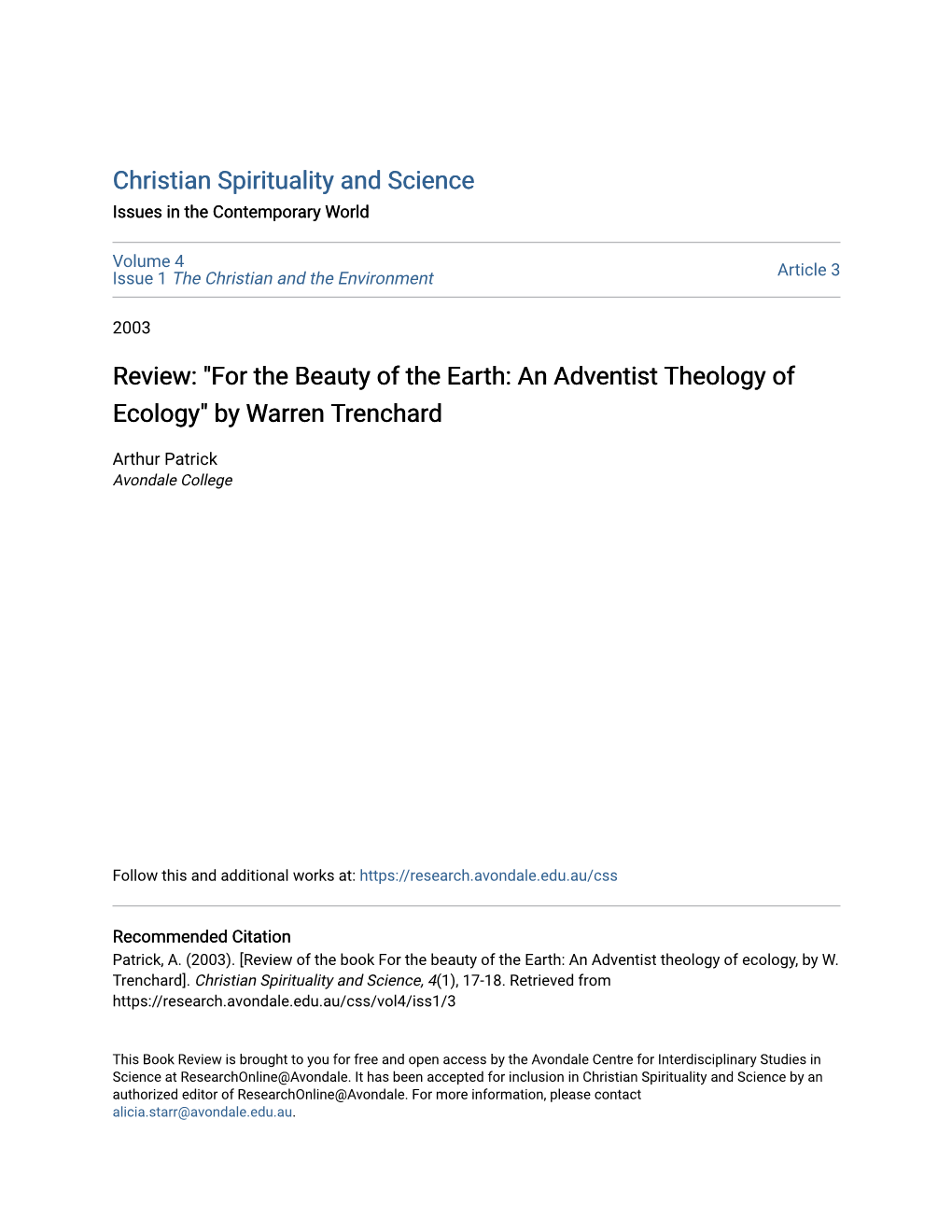 Review: "For the Beauty of the Earth: an Adventist Theology of Ecology" by Warren Trenchard
