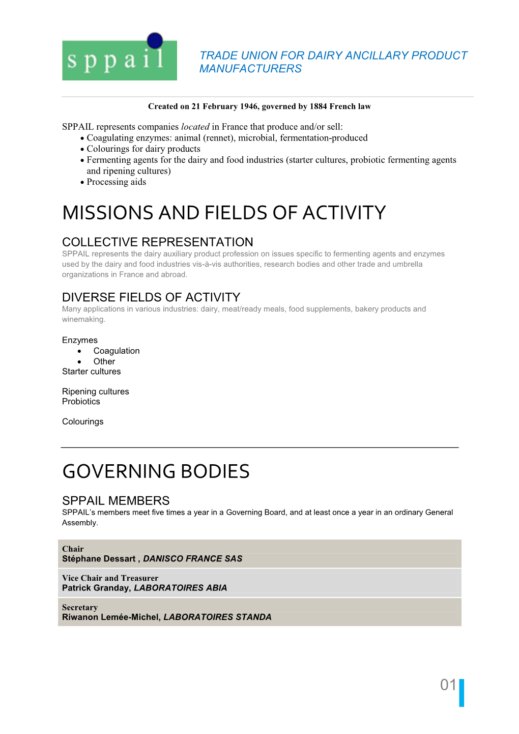 Missions and Fields of Activity Governing Bodies